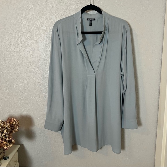 Eileen Fisher Silk Georgette Crepe Stand Collar Top in Frost Blue - Picture 2 of 11